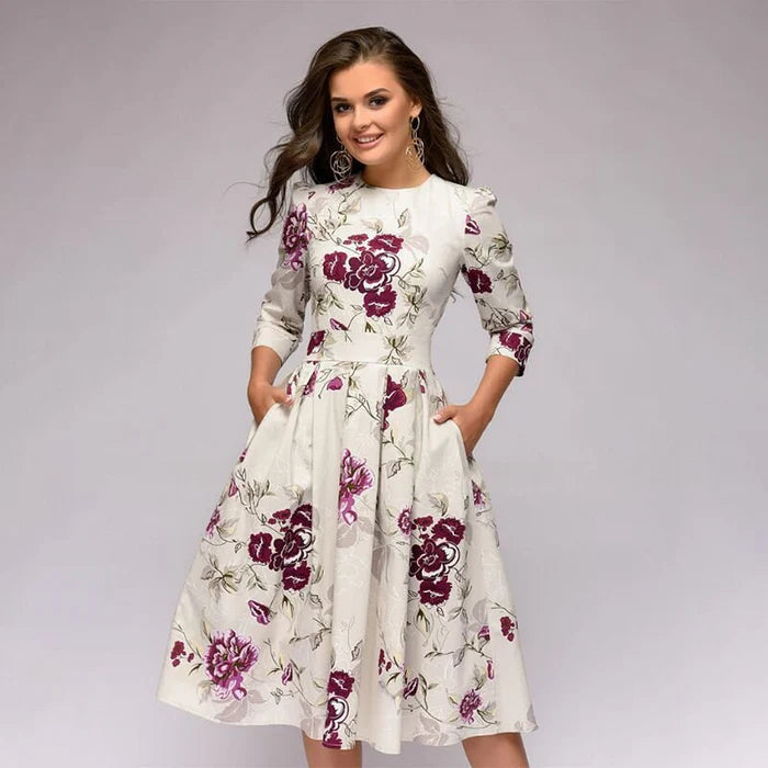 Floral Knee Length Women's Pocket Dress - Olytrend