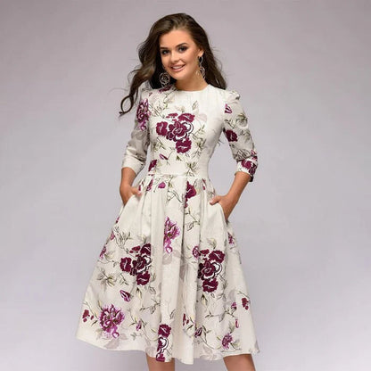 Floral Knee Length Women's Pocket Dress - Olytrend