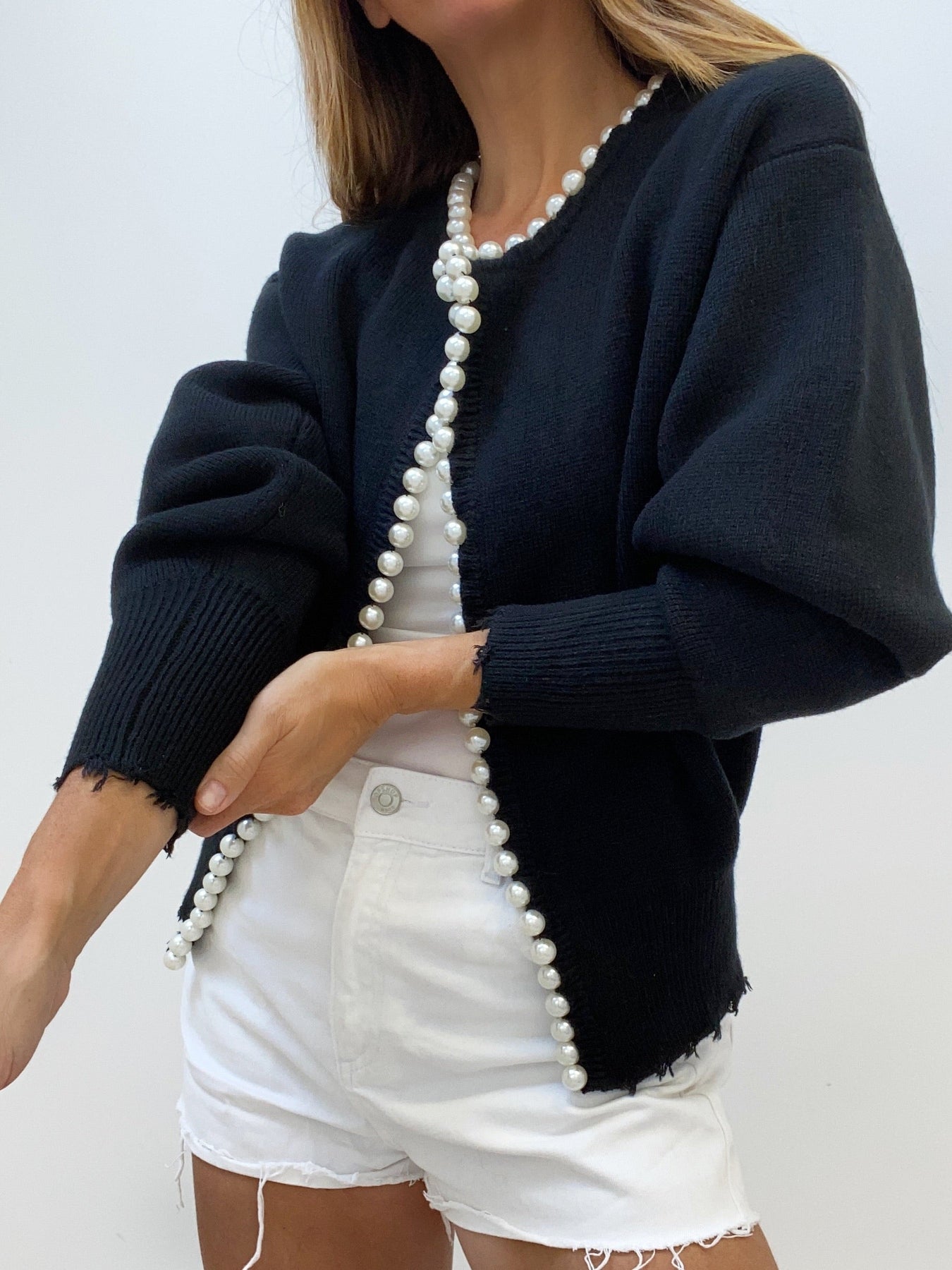 Faux Pearl Detail Distressed Cardigan
