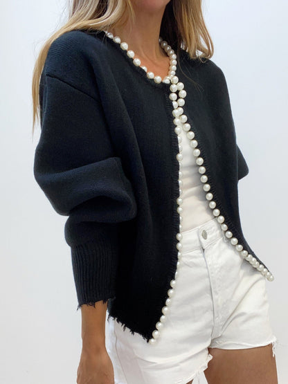 Faux Pearl Detail Distressed Cardigan
