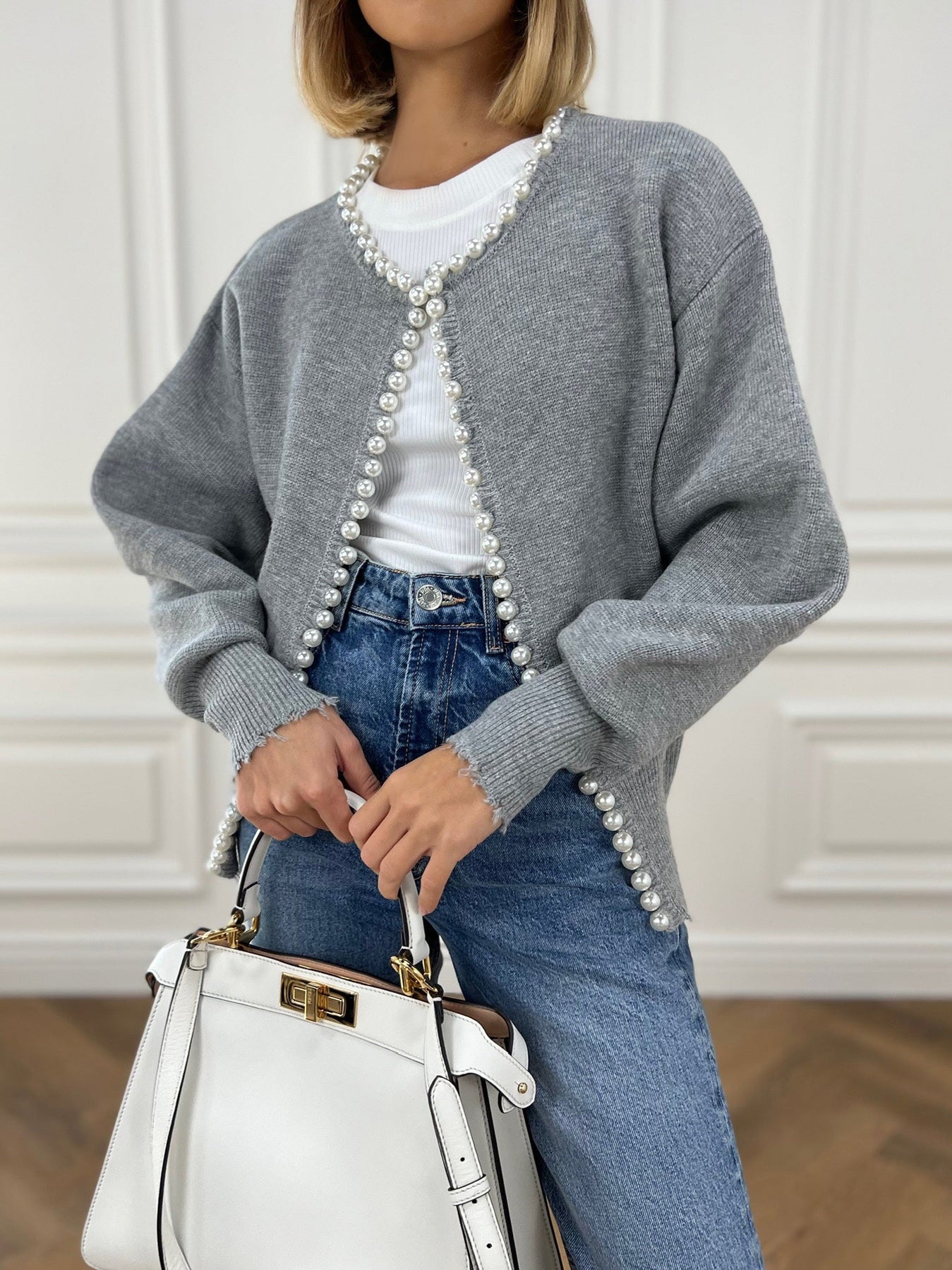 Faux Pearl Detail Distressed Cardigan