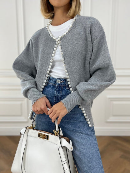 Faux Pearl Detail Distressed Cardigan