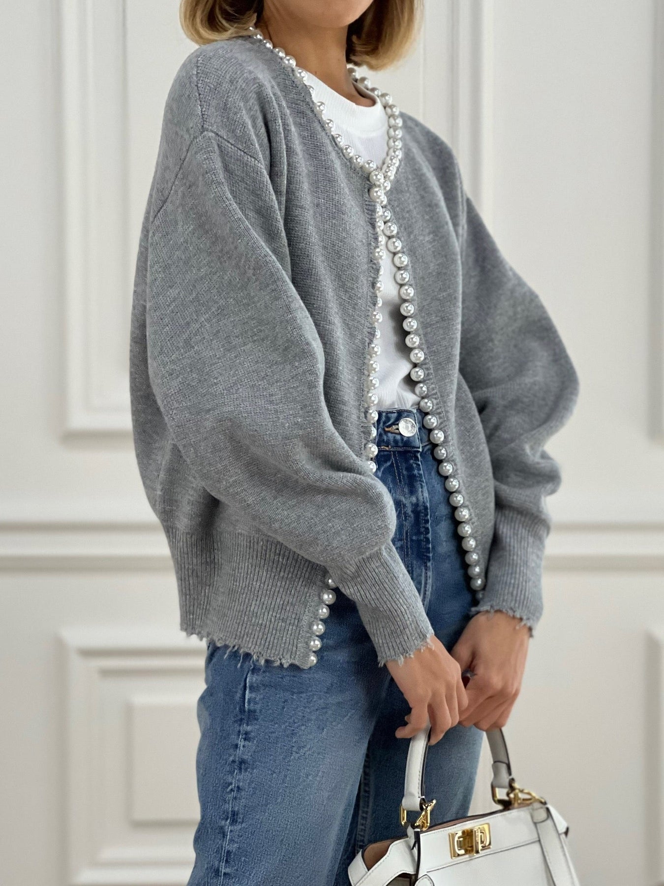 Faux Pearl Detail Distressed Cardigan