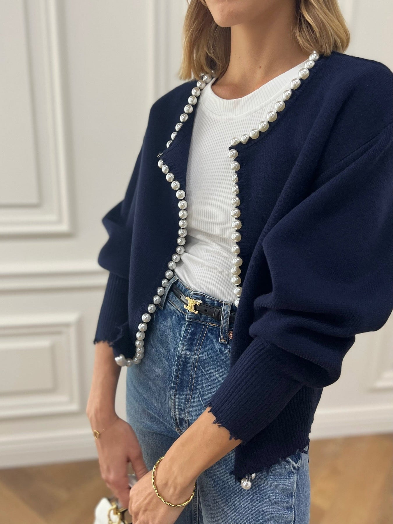 Faux Pearl Detail Distressed Cardigan