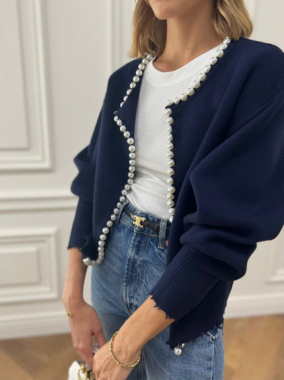 Faux Pearl Detail Distressed Cardigan