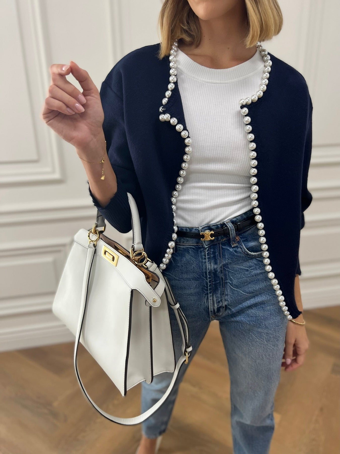 Faux Pearl Detail Distressed Cardigan
