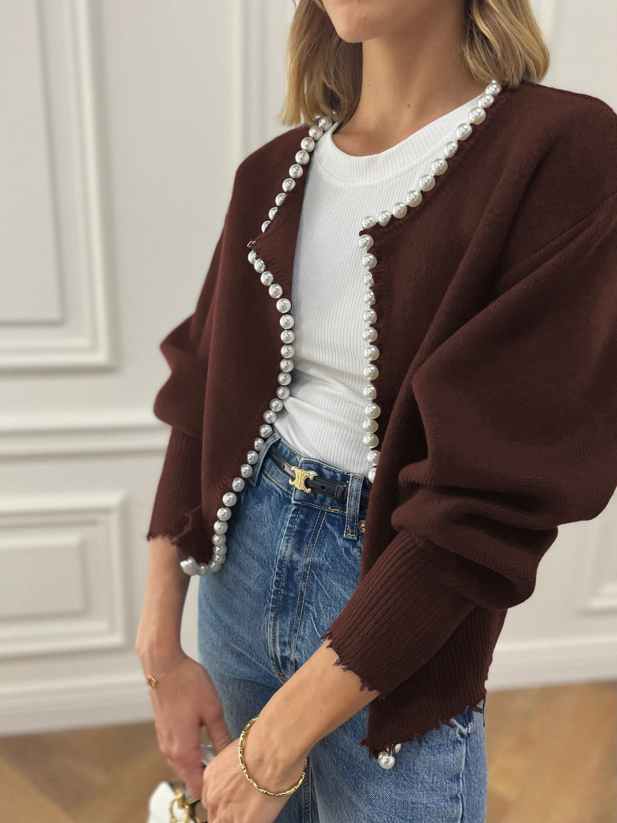 Faux Pearl Detail Distressed Cardigan