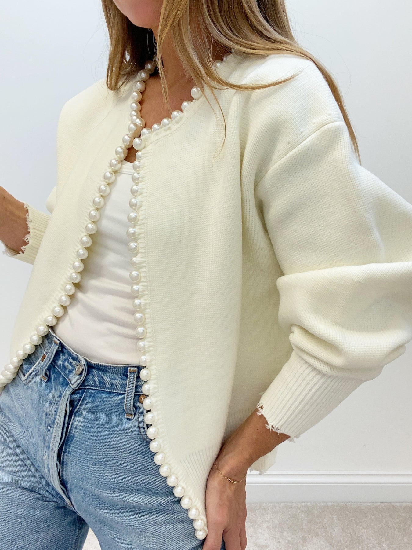 Faux Pearl Detail Distressed Cardigan