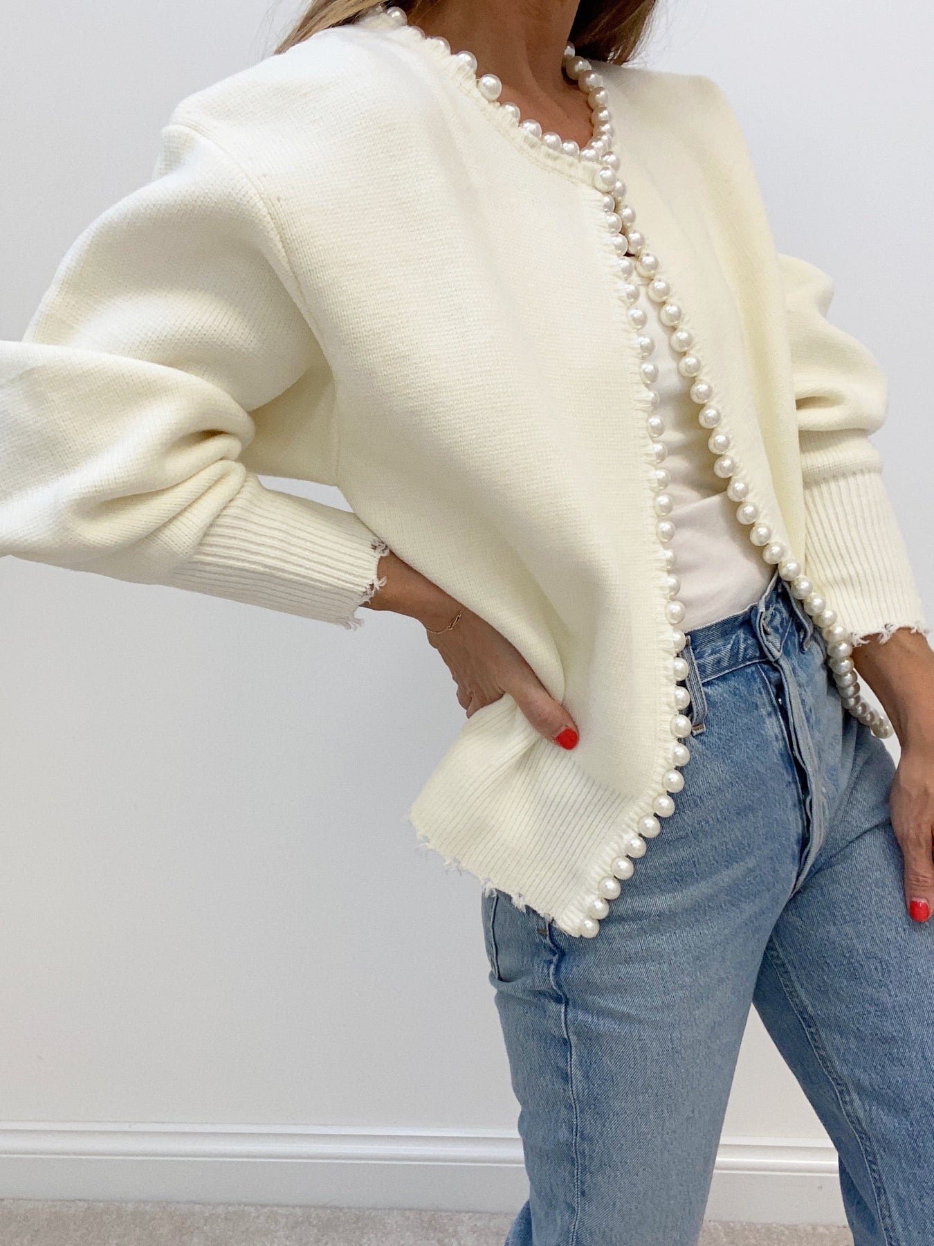 Faux Pearl Detail Distressed Cardigan