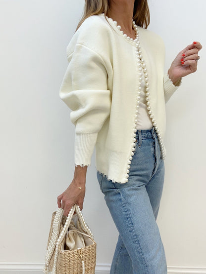 Faux Pearl Detail Distressed Cardigan
