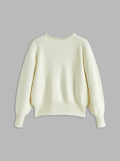 Faux Pearl Detail Distressed Cardigan