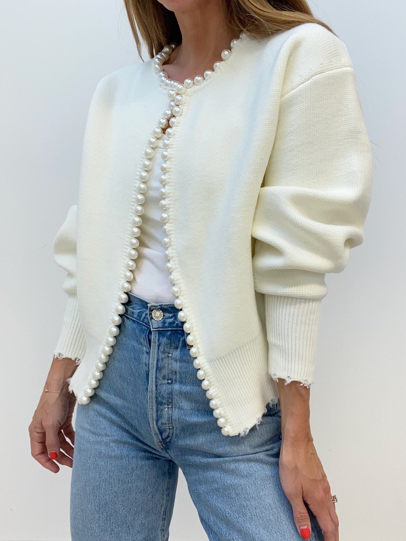 Faux Pearl Detail Distressed Cardigan - Pexav