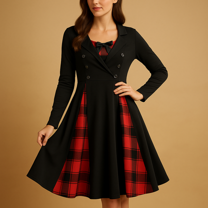 Plaid A-line dress for women named Harper, featuring a flared skirt, long sleeves, and double-button design ideal for work or elegant casual wear.