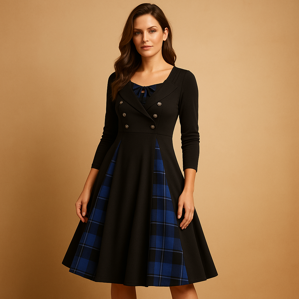Plaid A-line dress for women named Harper, featuring a flared skirt, long sleeves, and double-button design ideal for work or elegant casual wear.