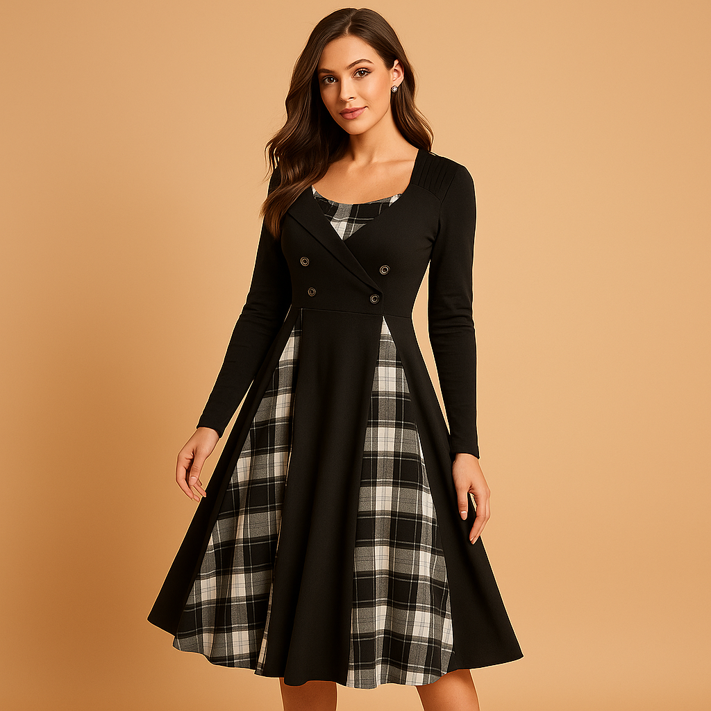 Plaid A-line dress for women named Harper, featuring a flared skirt, long sleeves, and double-button design ideal for work or elegant casual wear.