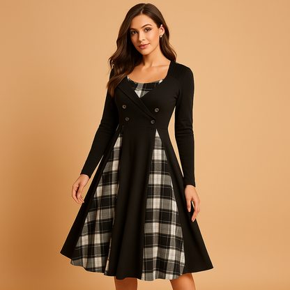 Plaid A-line dress for women named Harper, featuring a flared skirt, long sleeves, and double-button design ideal for work or elegant casual wear.
