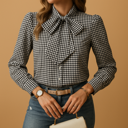 Plaid bow blouse for women featuring elegant tie-neck detail and soft breathable fabric, perfect for work, brunch, or casual days out.