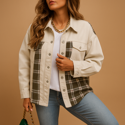 Plaid jacket for women in denim-look with relaxed fit, long sleeves, and soft skin-friendly fabric, available in red, black, and beige.