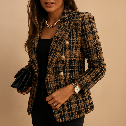 Women’s double-breasted plaid blazer with a refined fit and classic check pattern, ideal for work, business meetings or chic casual outfits.