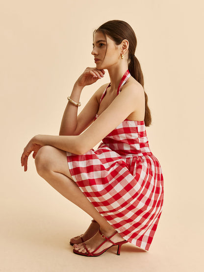 Checkered Neckline Flared Dress