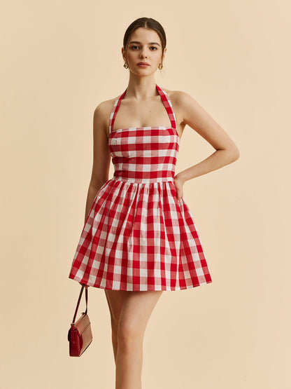 Checkered Neckline Flared Dress - Pexav