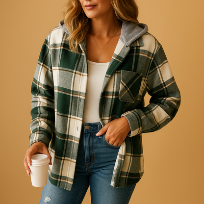 Women’s plaid coat with classic green check pattern, lined hood, and comfortable fit. A stylish and cozy coat for autumn and winter outfits.