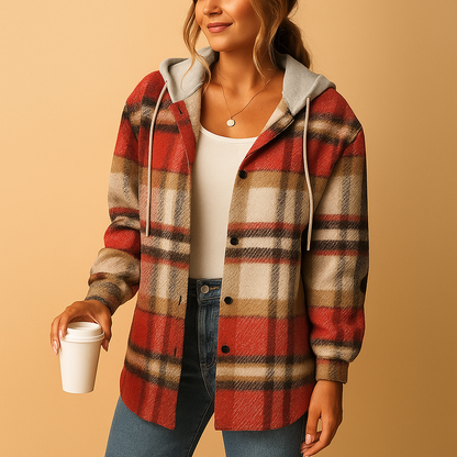 Plaid hooded jacket for women with breathable fabric, relaxed fit, and versatile design, available in multiple plaid patterns for casual or layered looks.