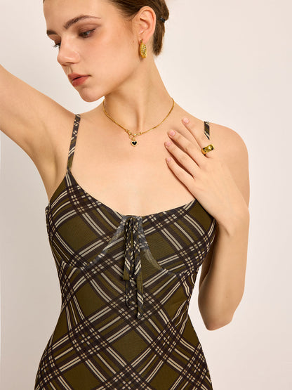 Checked Print V Neck Summer Dress