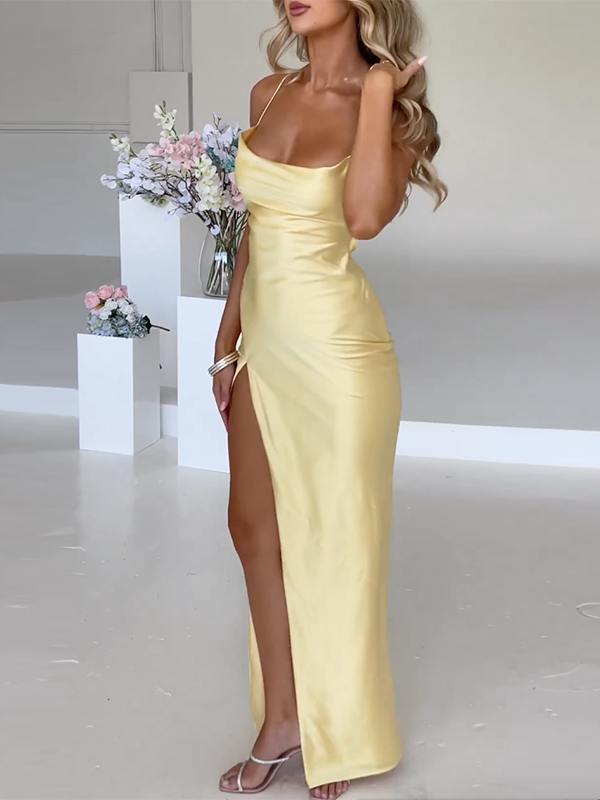 Plain Maxi Dress with Side Split – Nayla-Red-S-The Livary