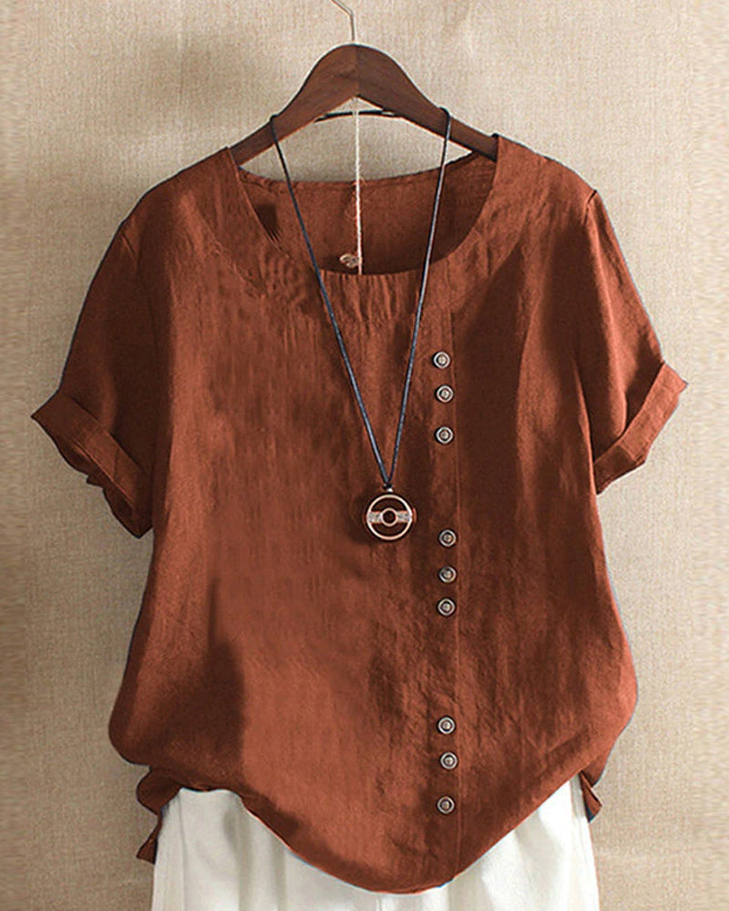 Plain T-Shirt with Short Sleeves and Round Neck – Samantha-Brown-S-The Livary