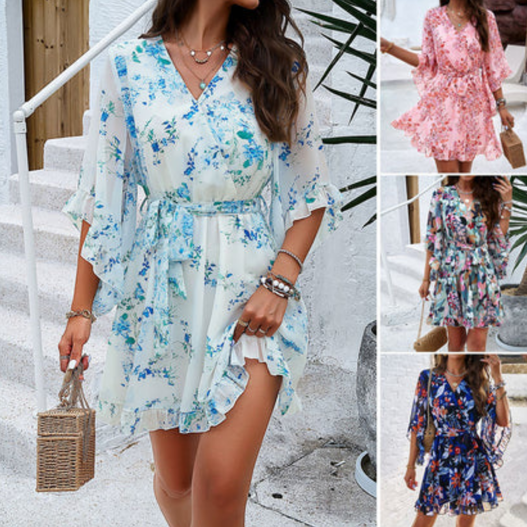 Cute Floral Bell Sleeve Mini Dress - Pexav