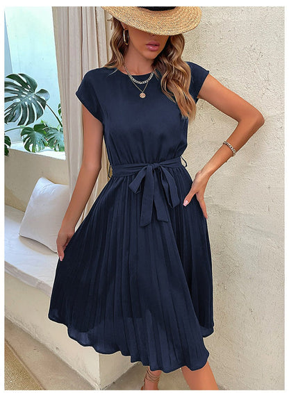 Pleated A-Line Summer Dress for Women with Short Sleeves – Melina-Blue-S-Nora Luxe