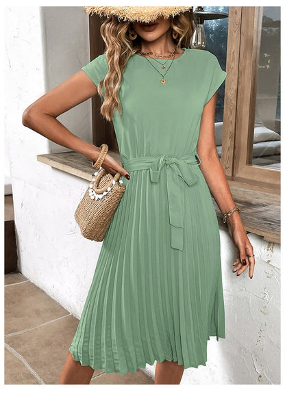 Pleated A-Line Summer Dress for Women with Short Sleeves – Melina-Green-S-Nora Luxe