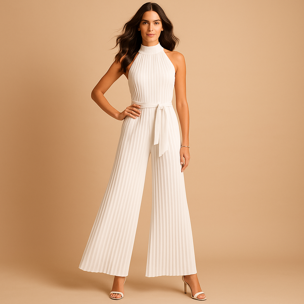 Women’s pleated high-neck jumpsuit with wide legs and matching belt, perfect for formal events, parties, and stylish daytime looks.