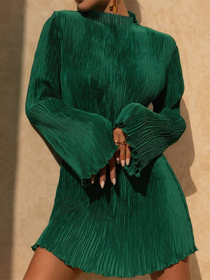 Plissé Flare Dress - Liva-Green-S-Nora Luxe