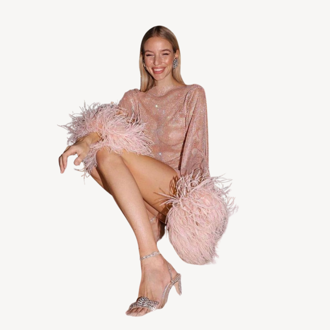 Glittering Mesh Evening Gown with Feather Trim - Nocini
