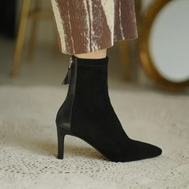 Sharp Toe Suede Low Heel Ankle Boots for Women - Olytrend