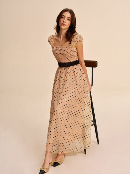 Spot Print Dress With Adjustable Waist Belt