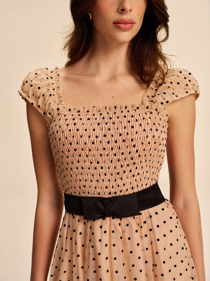 Spot Print Dress With Adjustable Waist Belt