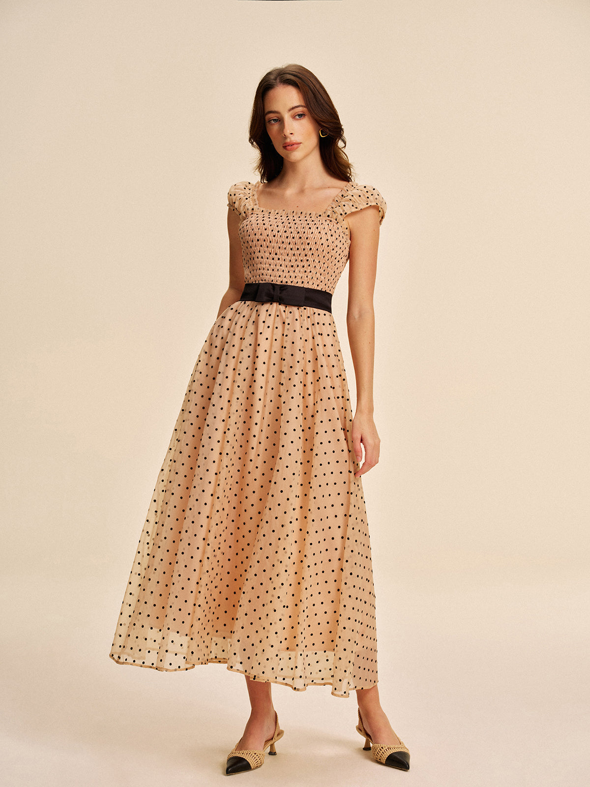 Spot Print Dress With Adjustable Waist Belt