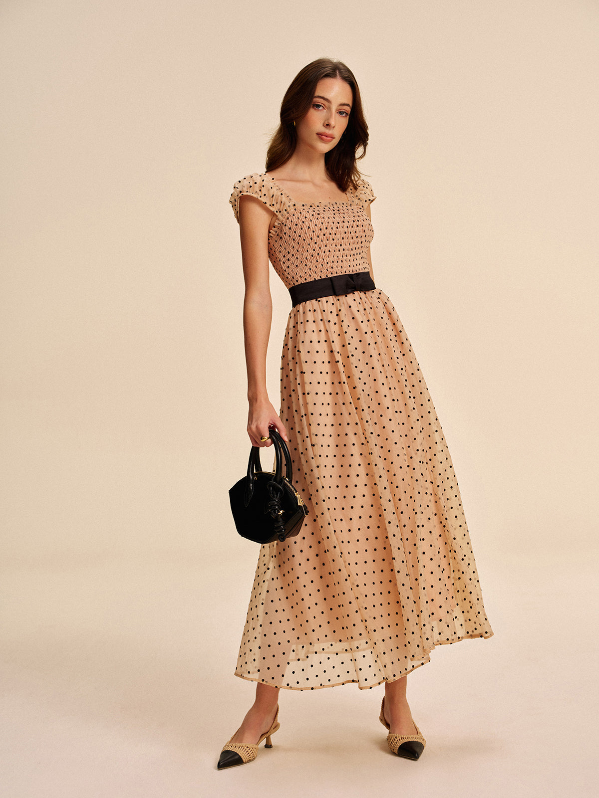 Spot Print Dress With Adjustable Waist Belt - Pexav
