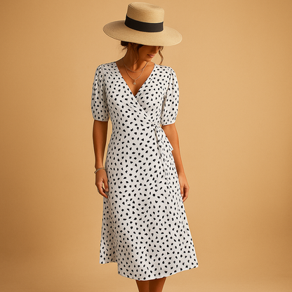 Elegant women’s polka dot summer dress with V-neck and flattering slit, perfect for beach days, garden parties, and warm summer outings.
