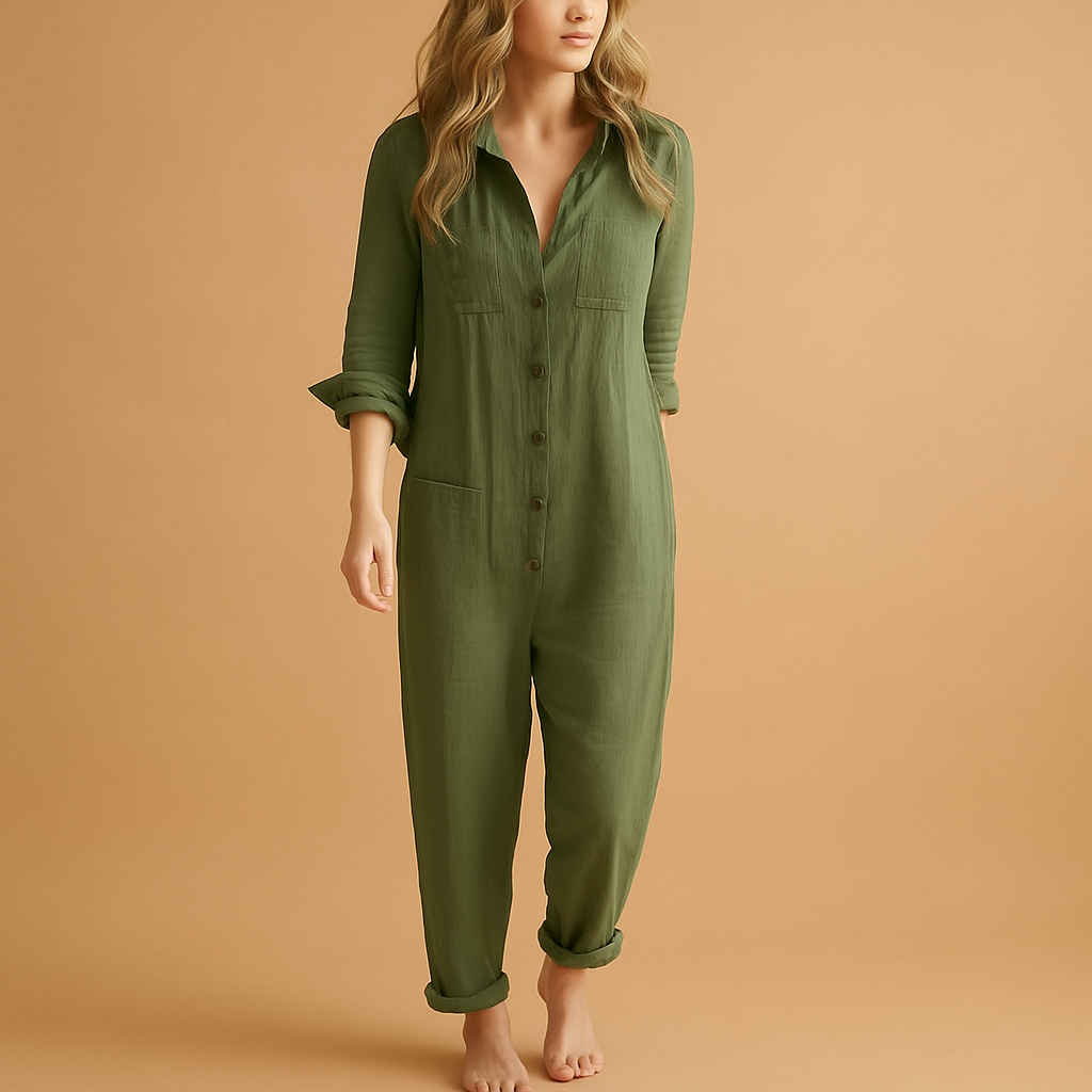 Women’s polo-style tailored jumpsuit with fitted waist and classic collar, ideal for work, social gatherings, and everyday elegance.
