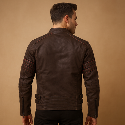 Men’s premium biker jacket with structured fit, weather-resistant material, bold timeless design, ideal for motorcycle rides and casual wear.