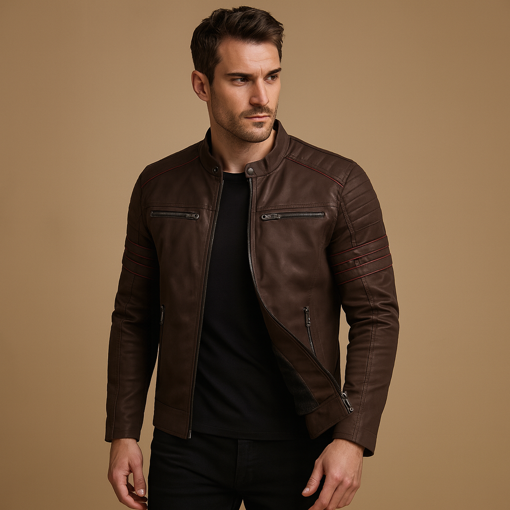 Men’s premium biker jacket with structured fit and weather-resistant finish, suitable for motorcycle rides and everyday wear.