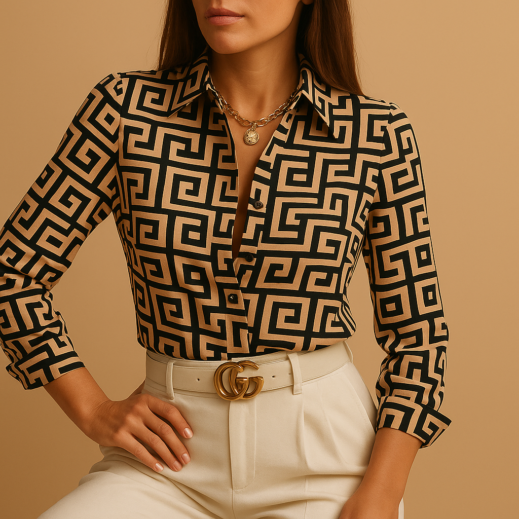 Printed blouse for women with a bold design and flattering fit, suitable for casual wear, work outfits, and elegant evening looks.