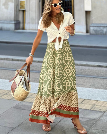 Printed Boho maxi skirt with a flowing cut & fringes – Yalina-Green-S-Nora Luxe