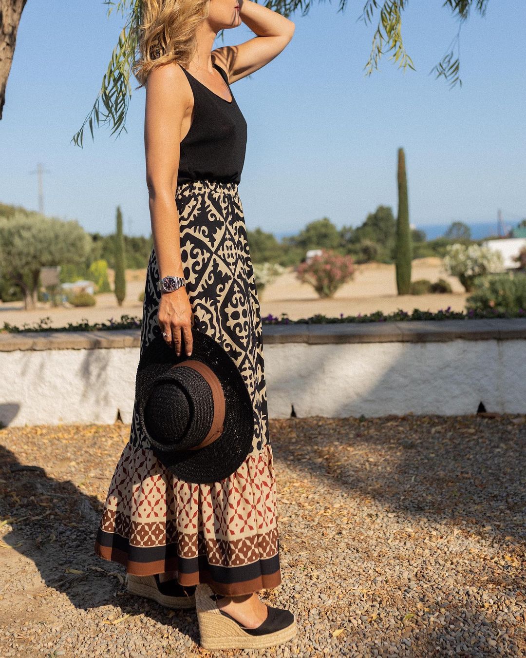 Printed Boho maxi skirt with a flowing cut & fringes – Yalina-Green-S-Nora Luxe