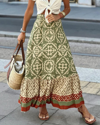 Flowy Floral Long Skirt with Fringe Details - Pexav