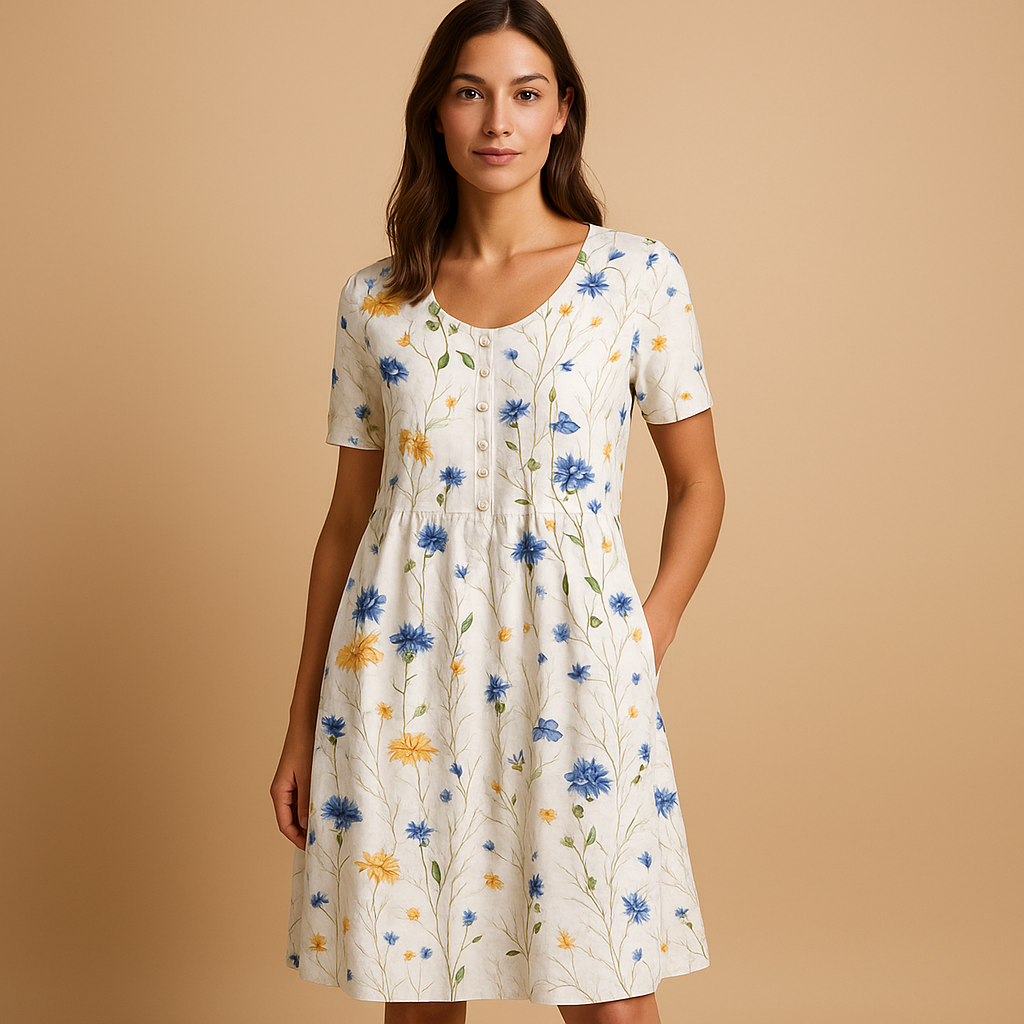 Printed cotton midi dress for women with breathable fabric and playful summer prints, perfect for vacations, city strolls, and casual wear.
